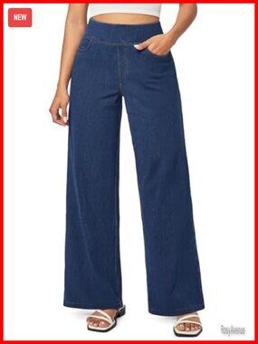 Wide Leg High Waisted Pull On Jeans Stretch Denim Pants